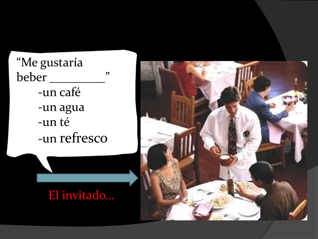 Me gustaría beber _________ -un café -un agua -un té -un refresco El invitado…