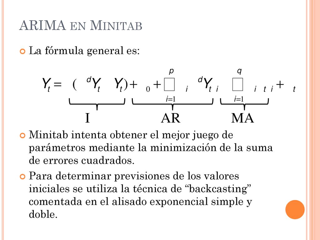 I AR MA ARIMA en Minitab La fórmula general es: