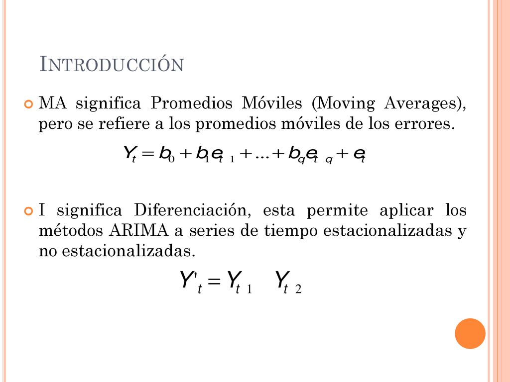 Introducción MA significa Promedios Móviles (Moving Averages), pero se refiere a los promedios móviles de los errores.