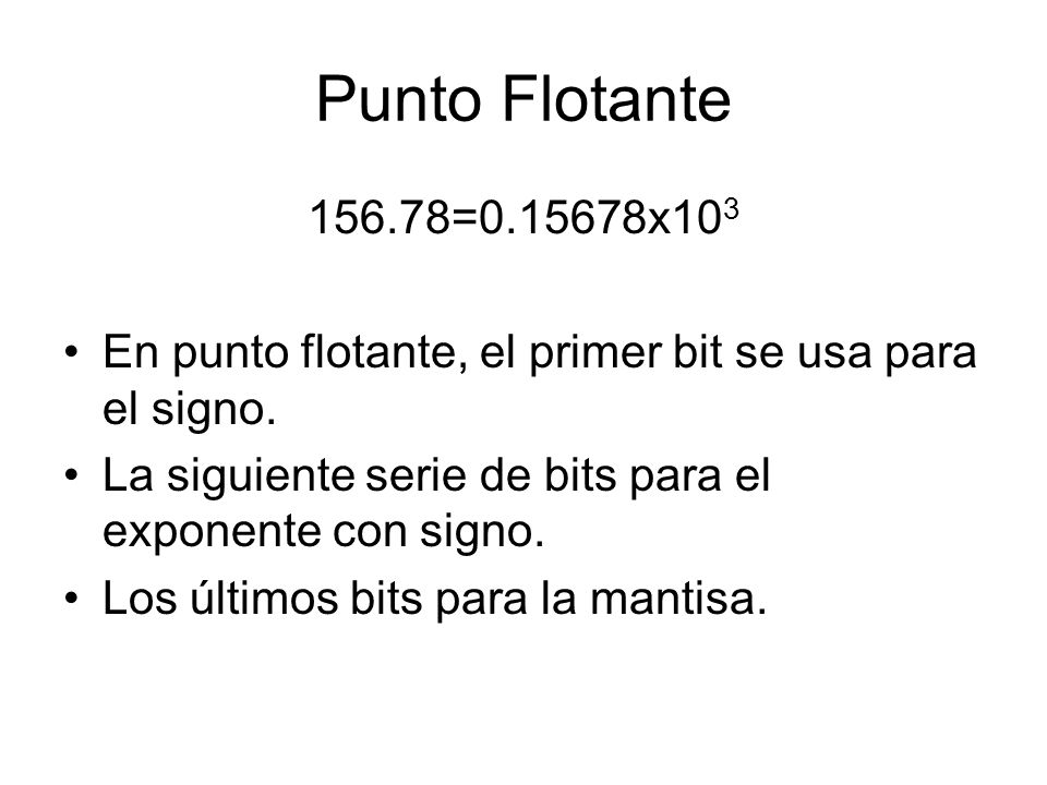 Punto Flotante = x103. En punto flotante, el primer bit se usa para el signo. La siguiente serie de bits para el exponente con signo.