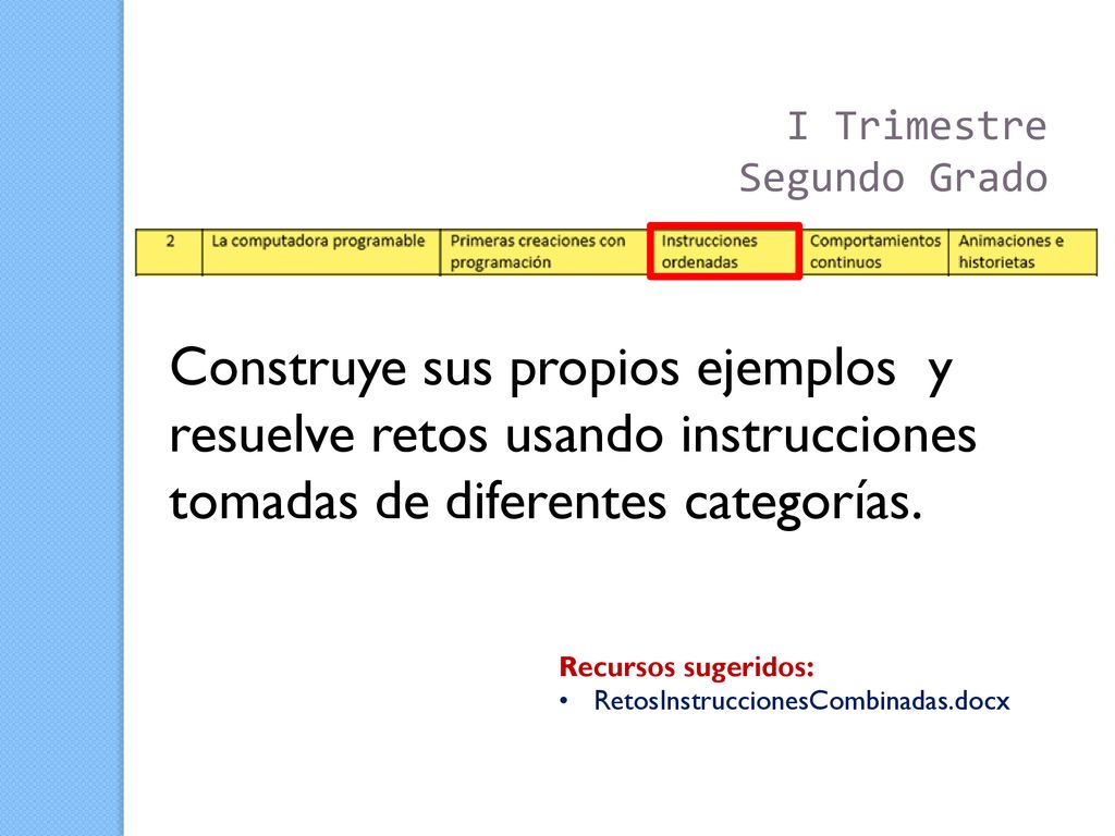 I Trimestre Segundo Grado. Construye sus propios ejemplos y resuelve retos usando instrucciones tomadas de diferentes categorías.