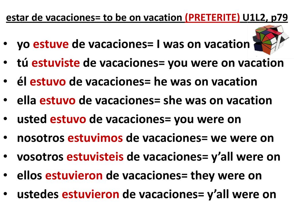 estar de vacaciones= to be on vacation (PRETERITE) U1L2, p79