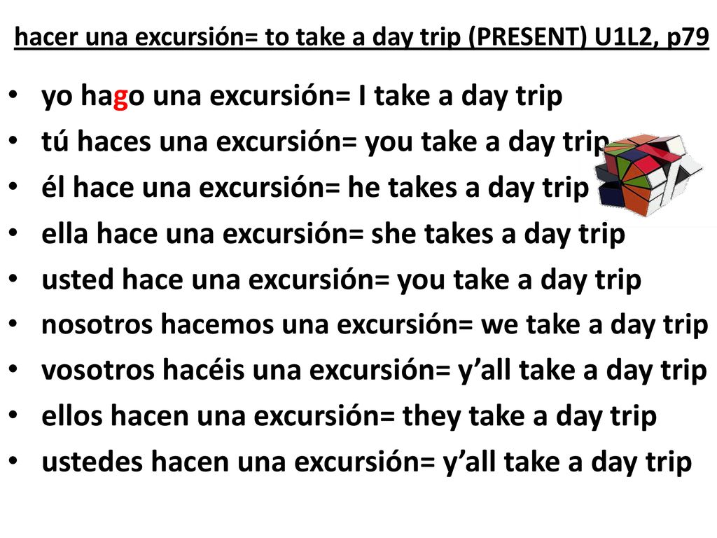 hacer una excursión= to take a day trip (PRESENT) U1L2, p79