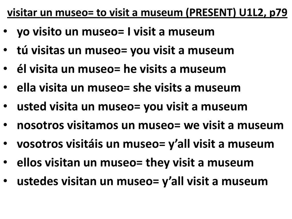 visitar un museo= to visit a museum (PRESENT) U1L2, p79
