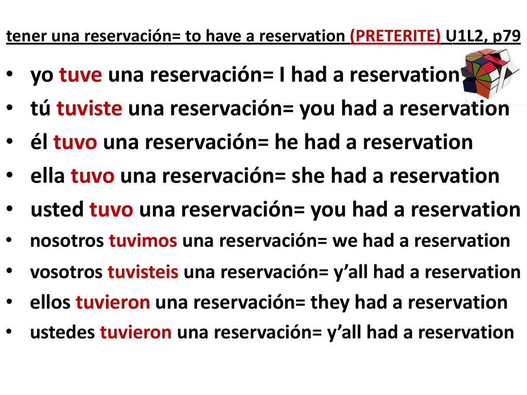 tener una reservación= to have a reservation (PRETERITE) U1L2, p79