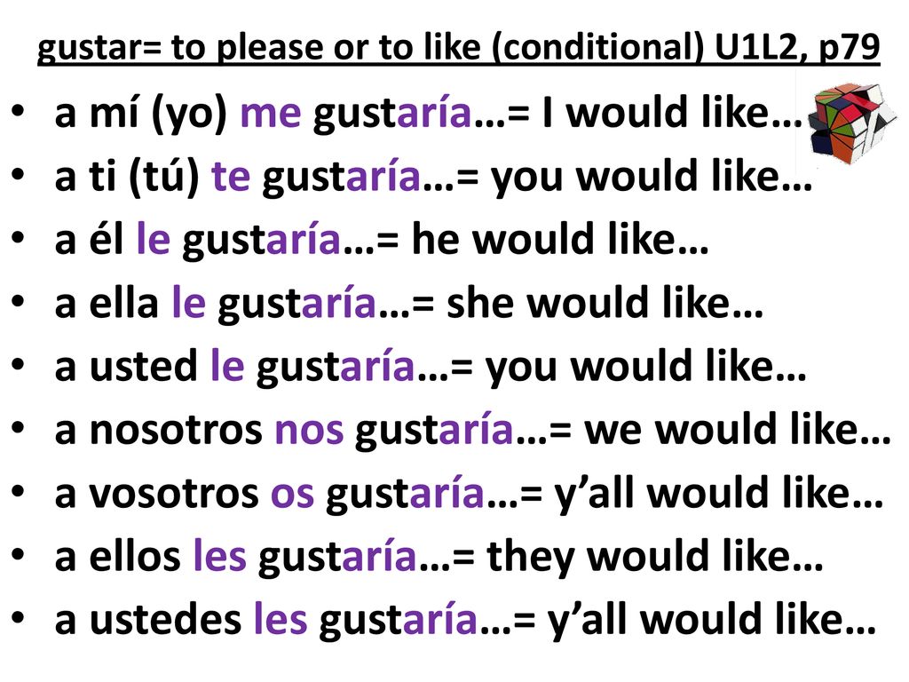 gustar= to please or to like (conditional) U1L2, p79