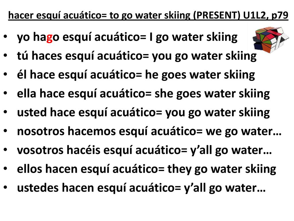 hacer esquí acuático= to go water skiing (PRESENT) U1L2, p79