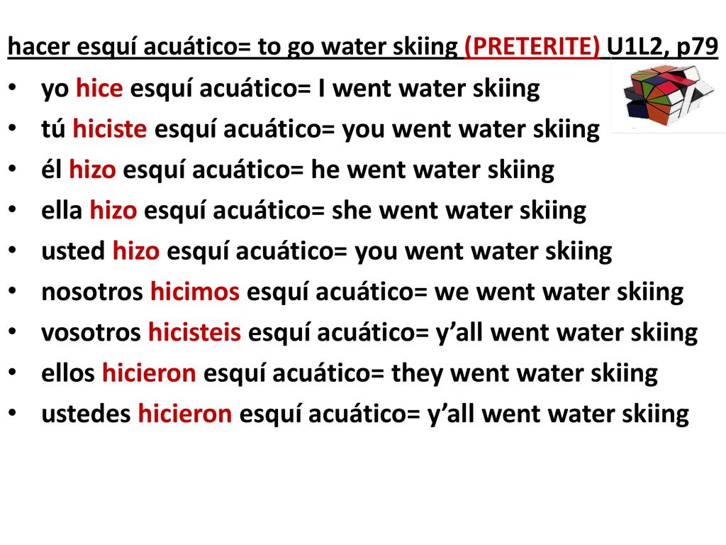 hacer esquí acuático= to go water skiing (PRETERITE) U1L2, p79