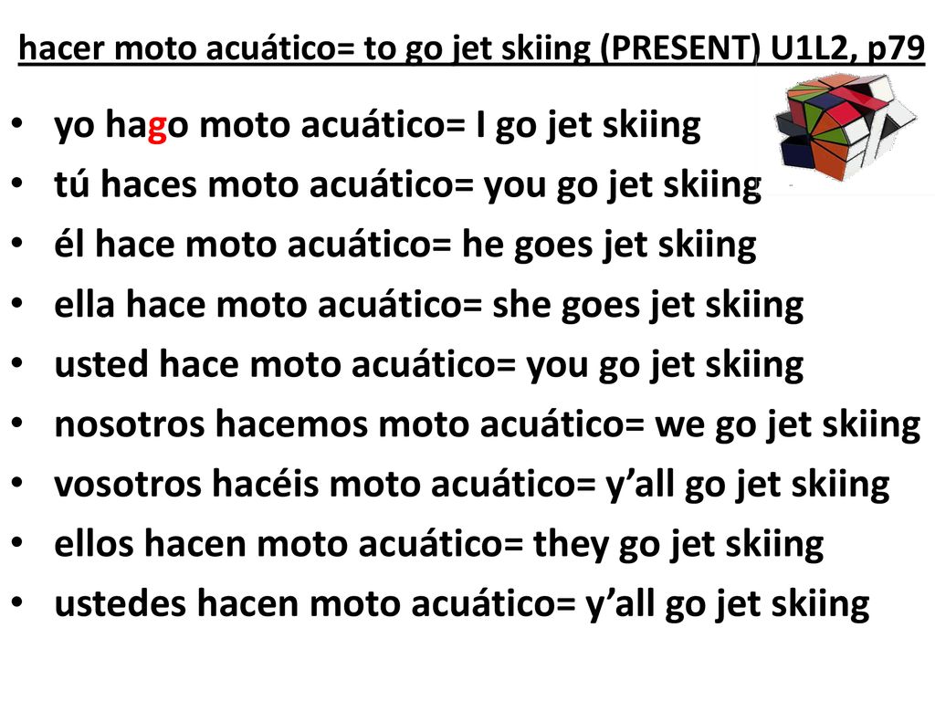 hacer moto acuático= to go jet skiing (PRESENT) U1L2, p79