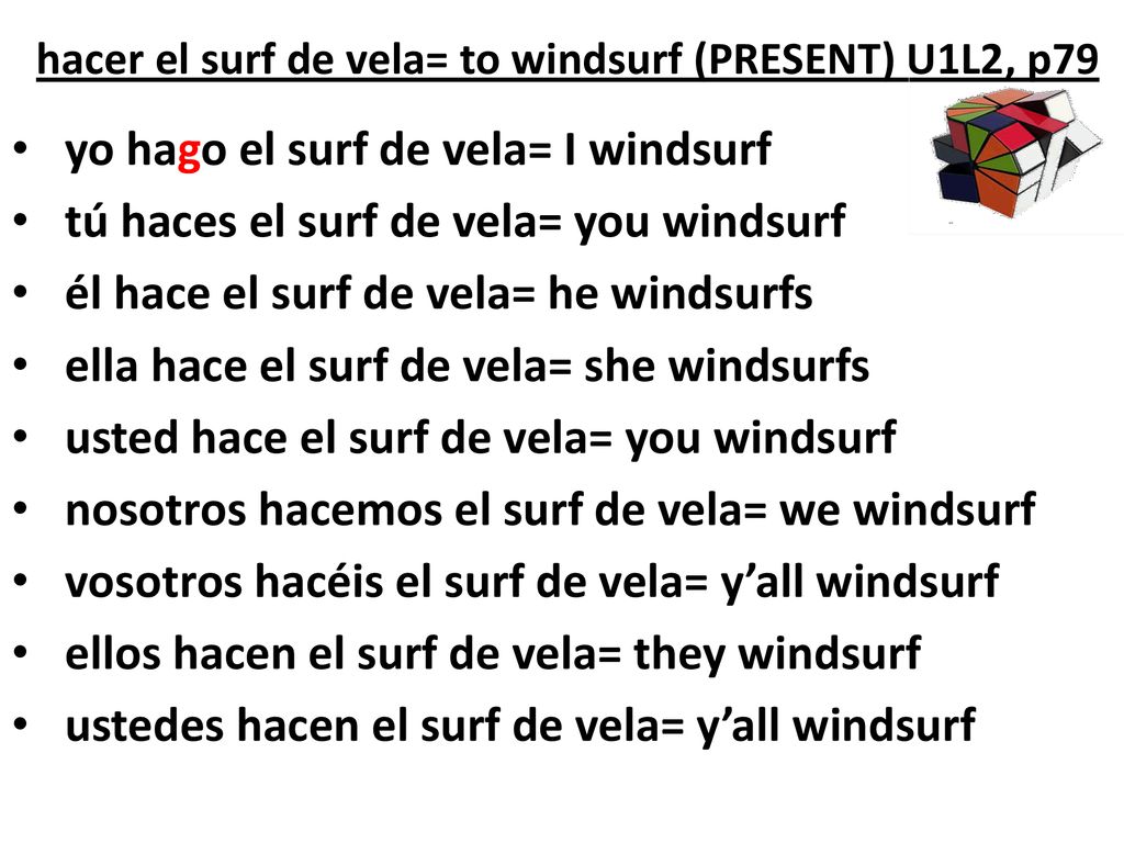 hacer el surf de vela= to windsurf (PRESENT) U1L2, p79