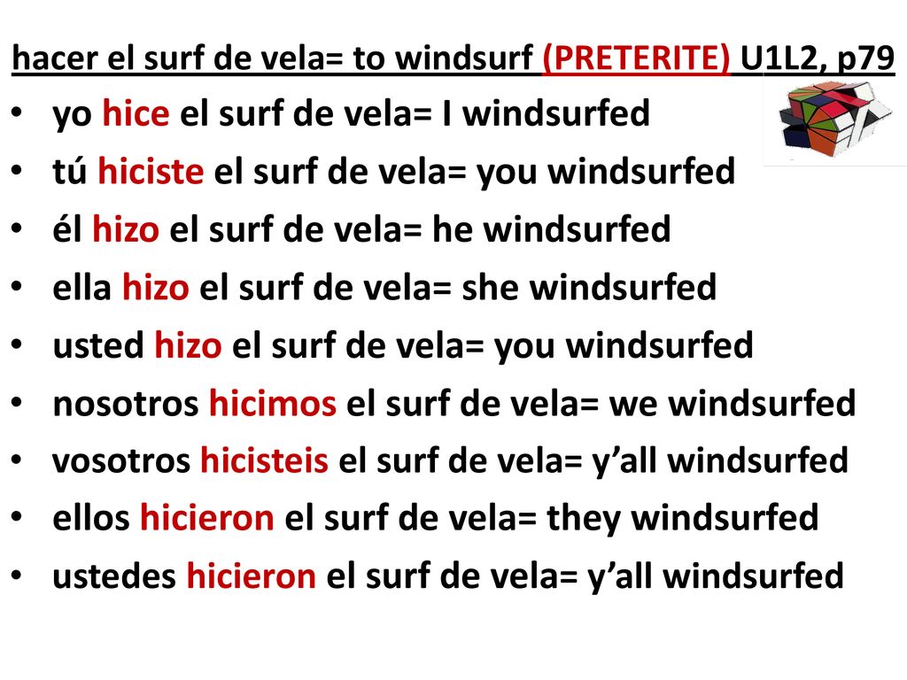 hacer el surf de vela= to windsurf (PRETERITE) U1L2, p79