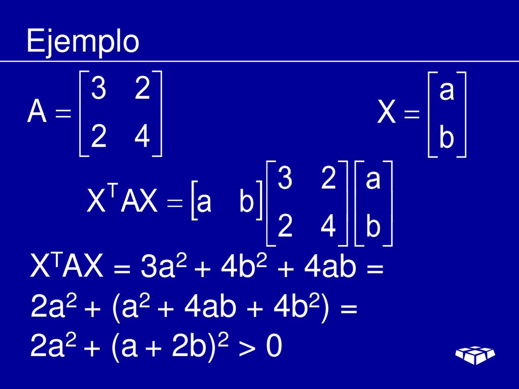 Ejemplo XTAX = 3a2 + 4b2 + 4ab = 2a2 + (a2 + 4ab + 4b2) = 2a2 + (a + 2b)2 > 0