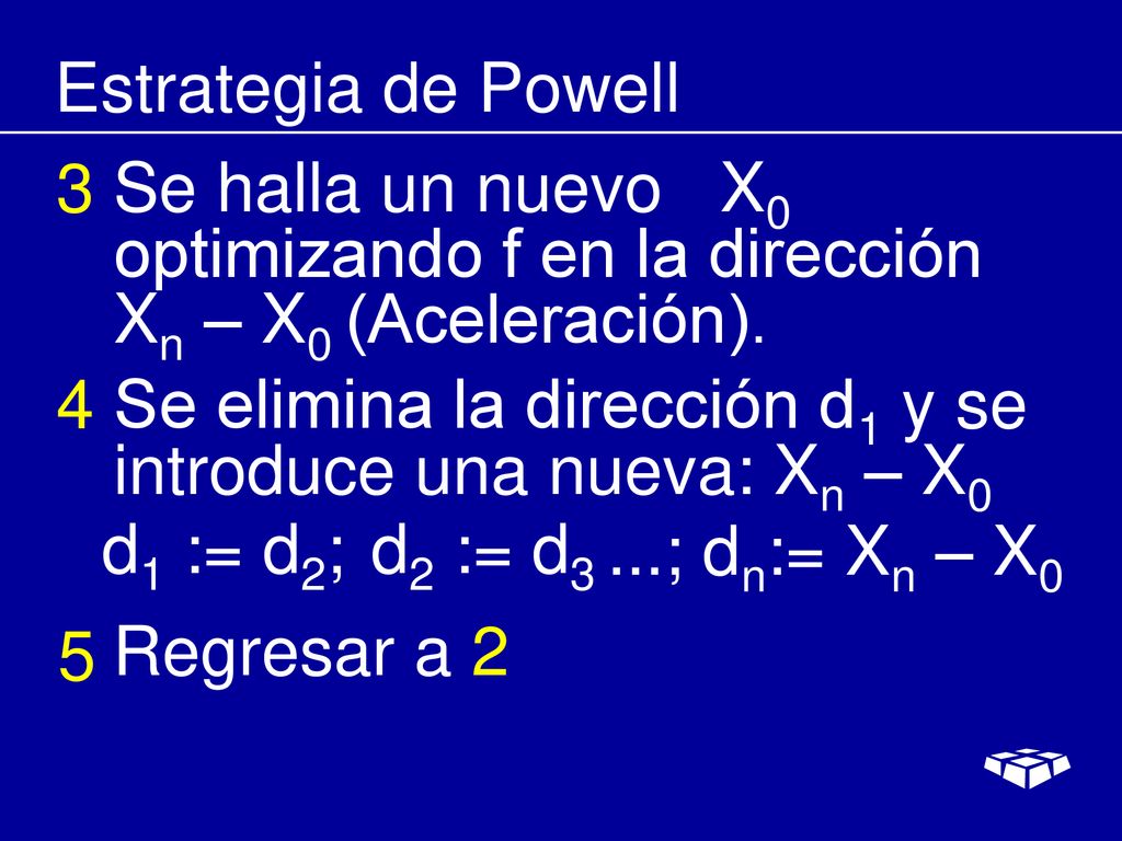 Estrategia de Powell 3. Se halla un nuevo X0 optimizando f en la dirección Xn – X0 (Aceleración).