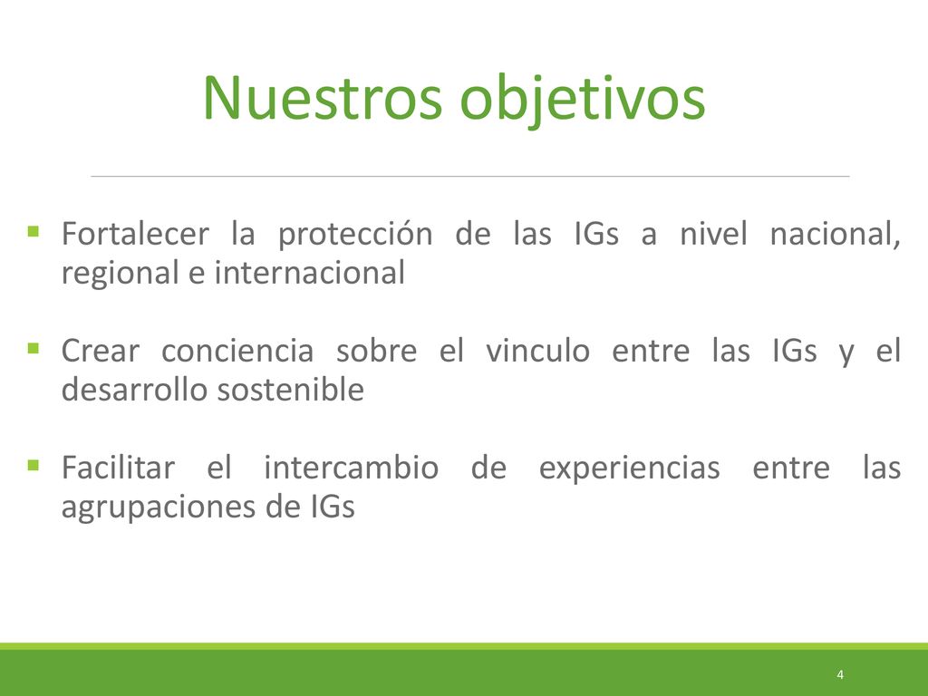Nuestros objetivos Fortalecer la protección de las IGs a nivel nacional, regional e internacional.