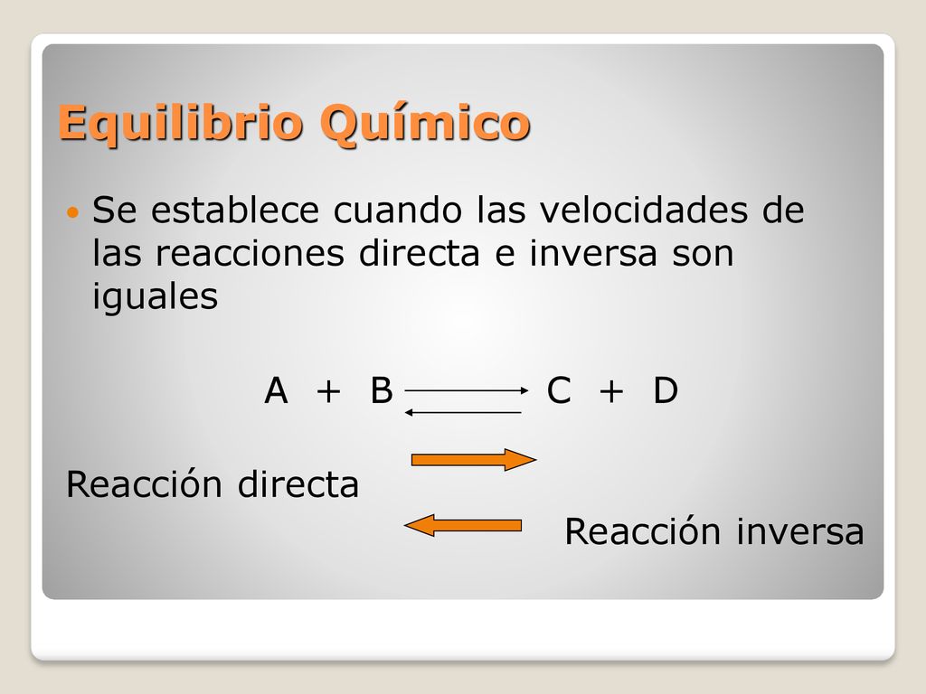 Equilibrio Químico Se establece cuando las velocidades de las reacciones directa e inversa son iguales.