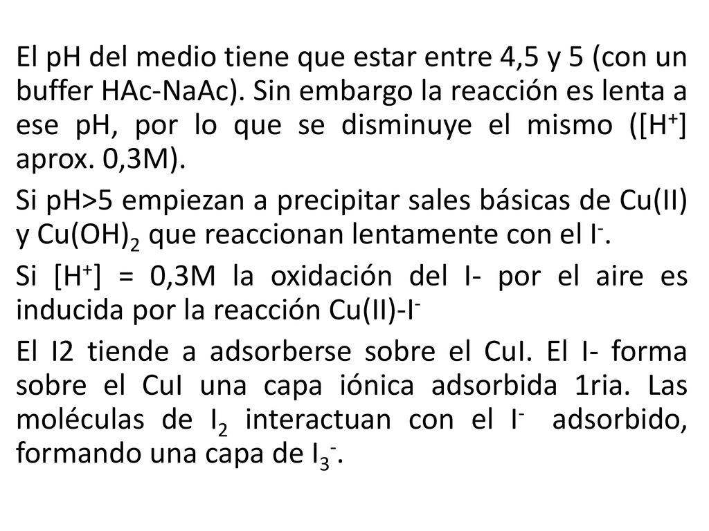 El pH del medio tiene que estar entre 4,5 y 5 (con un buffer HAc-NaAc)