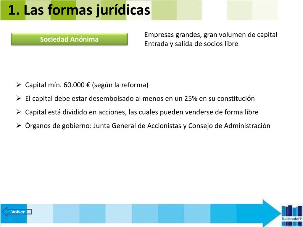 1. Las formas jurídicas Empresas grandes, gran volumen de capital Entrada y salida de socios libre.