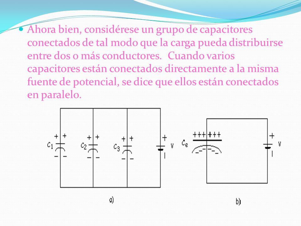 Ahora bien, considérese un grupo de capacitores conectados de tal modo que la carga pueda distribuirse entre dos o más conductores. Cuando varios capacitores están conectados directamente a la misma fuente de potencial, se dice que ellos están conectados en paralelo.
