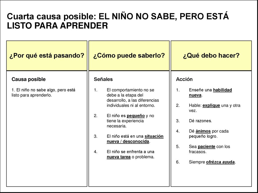 Cuarta causa posible: EL NIÑO NO SABE, PERO ESTÁ LISTO PARA APRENDER