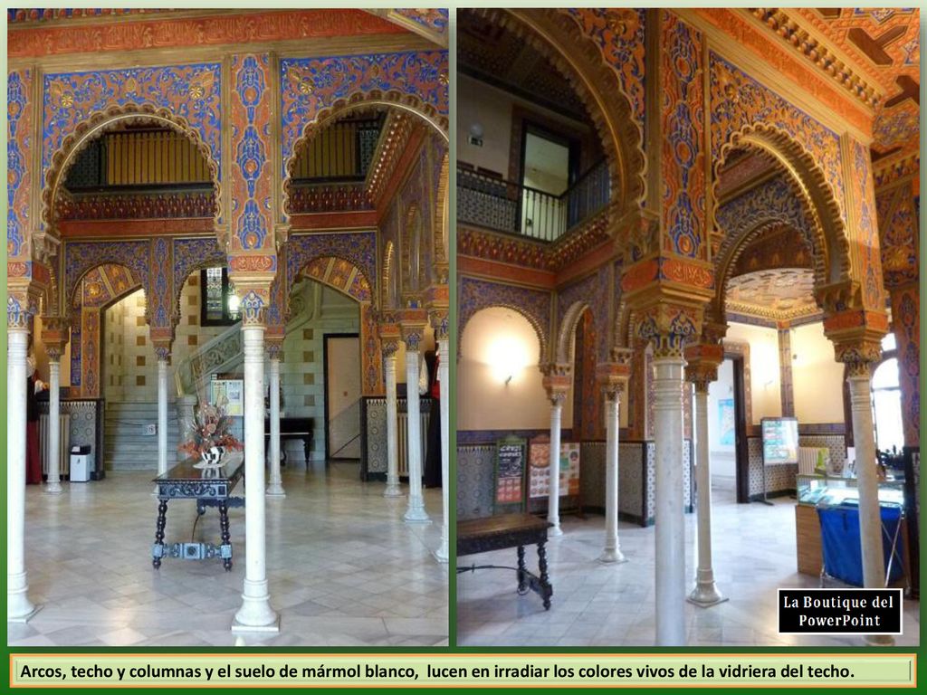 Arcos, techo y columnas y el suelo de mármol blanco, lucen en irradiar los colores vivos de la vidriera del techo.