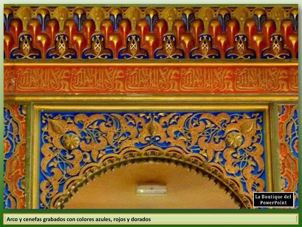 Arco y cenefas grabados con colores azules, rojos y dorados