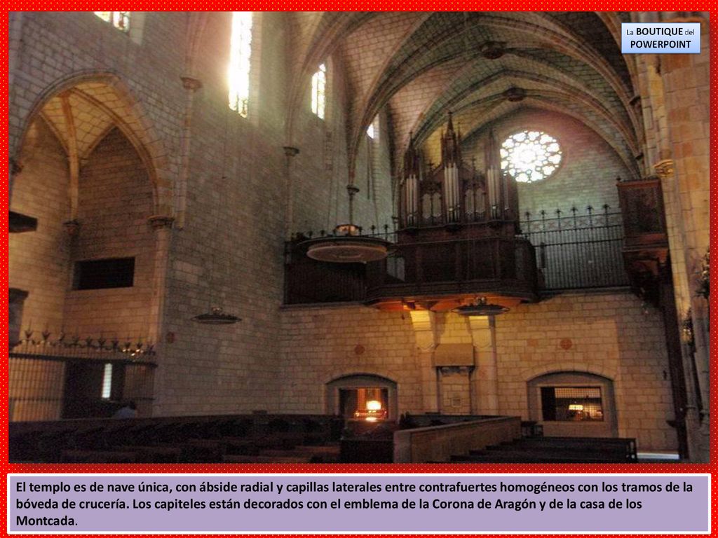 El templo es de nave única, con ábside radial y capillas laterales entre contrafuertes homogéneos con los tramos de la bóveda de crucería.