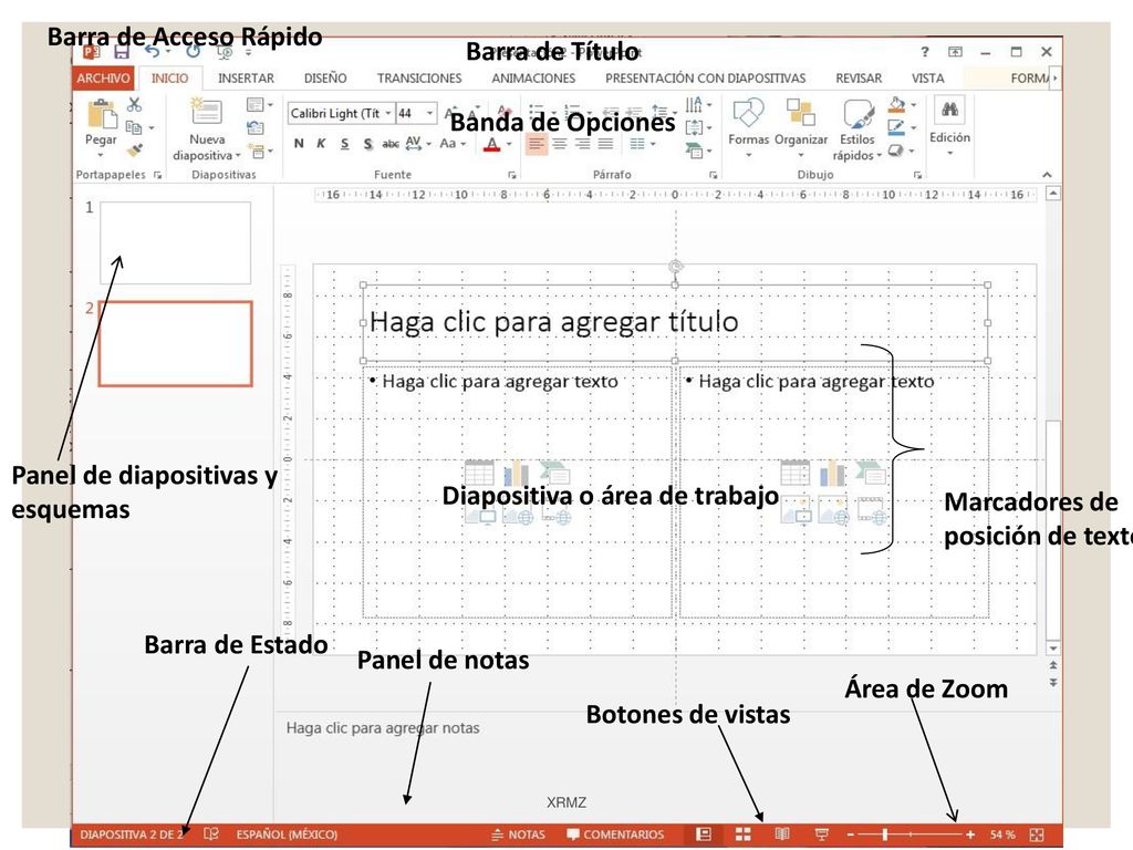 Panel de diapositivas y esquemas Diapositiva o área de trabajo