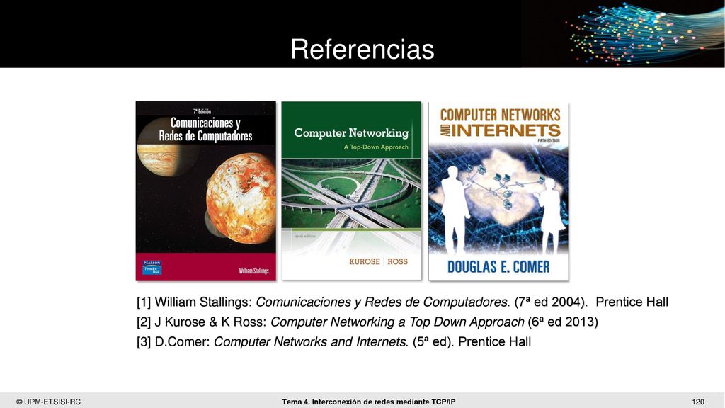 Referencias [1] William Stallings: Comunicaciones y Redes de Computadores. (7ª ed 2004). Prentice Hall.