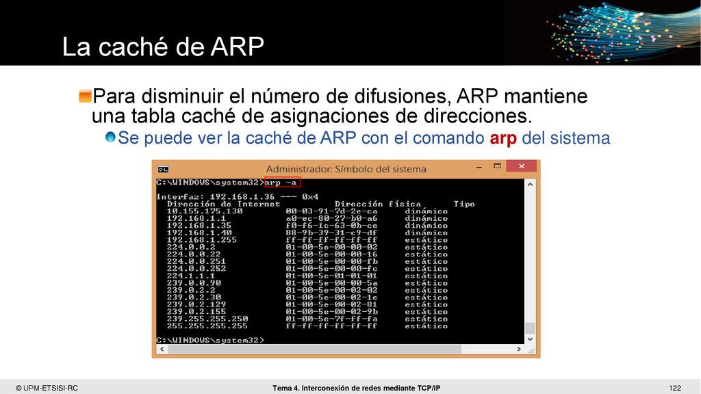 La caché de ARP Para disminuir el número de difusiones, ARP mantiene una tabla caché de asignaciones de direcciones.