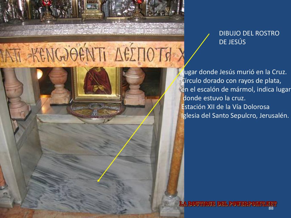Lugar donde Jesús murió en la Cruz. Círculo dorado con rayos de plata,