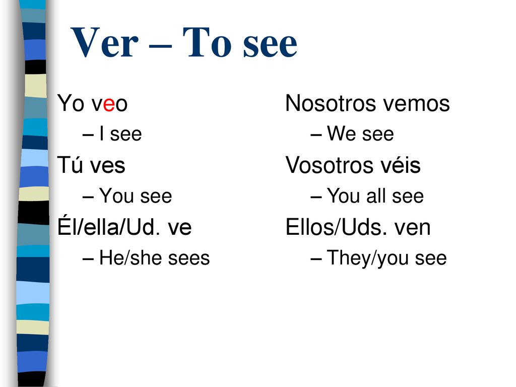 Ver – To see Yo veo Tú ves Él/ella/Ud. ve Nosotros vemos Vosotros véis
