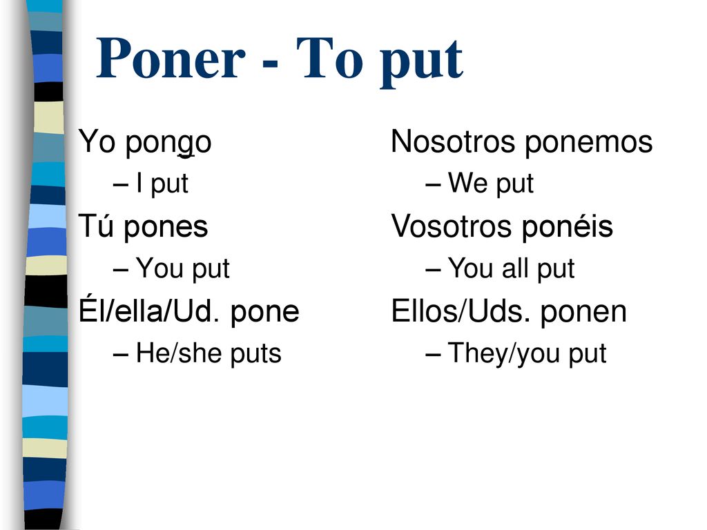 Poner - To put Yo pongo Tú pones Él/ella/Ud. pone Nosotros ponemos