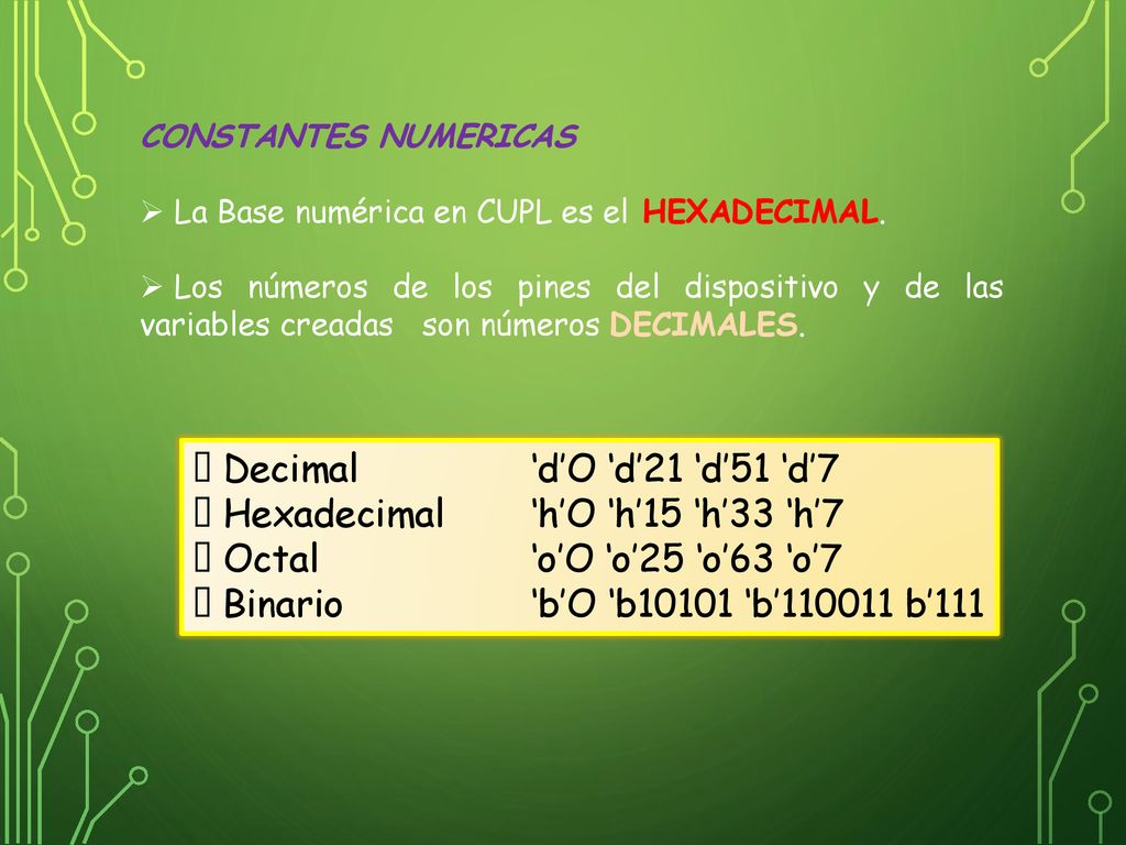  Decimal ‘d’O ‘d’21 ‘d’51 ‘d’7  Hexadecimal ‘h’O ‘h’15 ‘h’33 ‘h’7