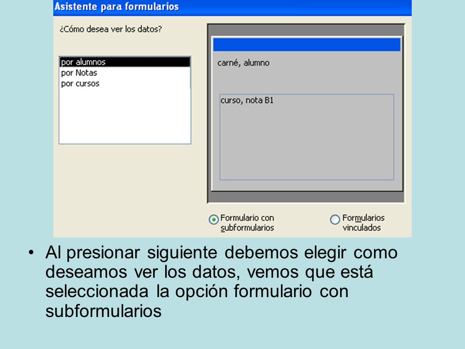 Al presionar siguiente debemos elegir como deseamos ver los datos, vemos que está seleccionada la opción formulario con subformularios