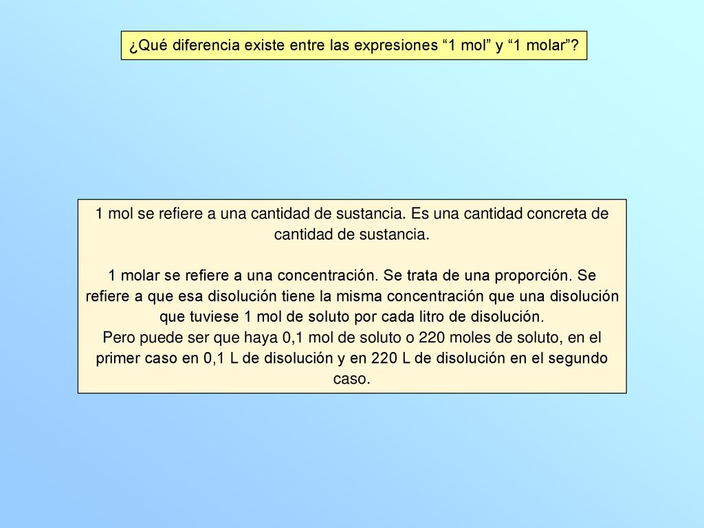 ¿Qué diferencia existe entre las expresiones 1 mol y 1 molar