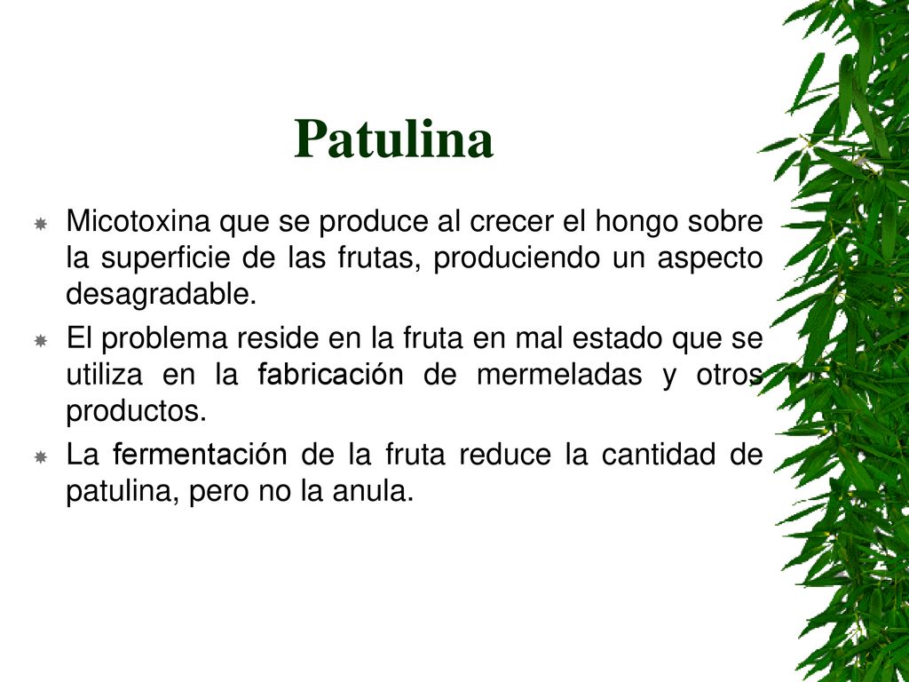 Patulina Micotoxina que se produce al crecer el hongo sobre la superficie de las frutas, produciendo un aspecto desagradable.