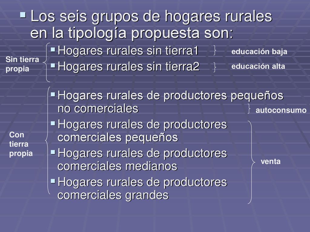 Los seis grupos de hogares rurales en la tipología propuesta son: