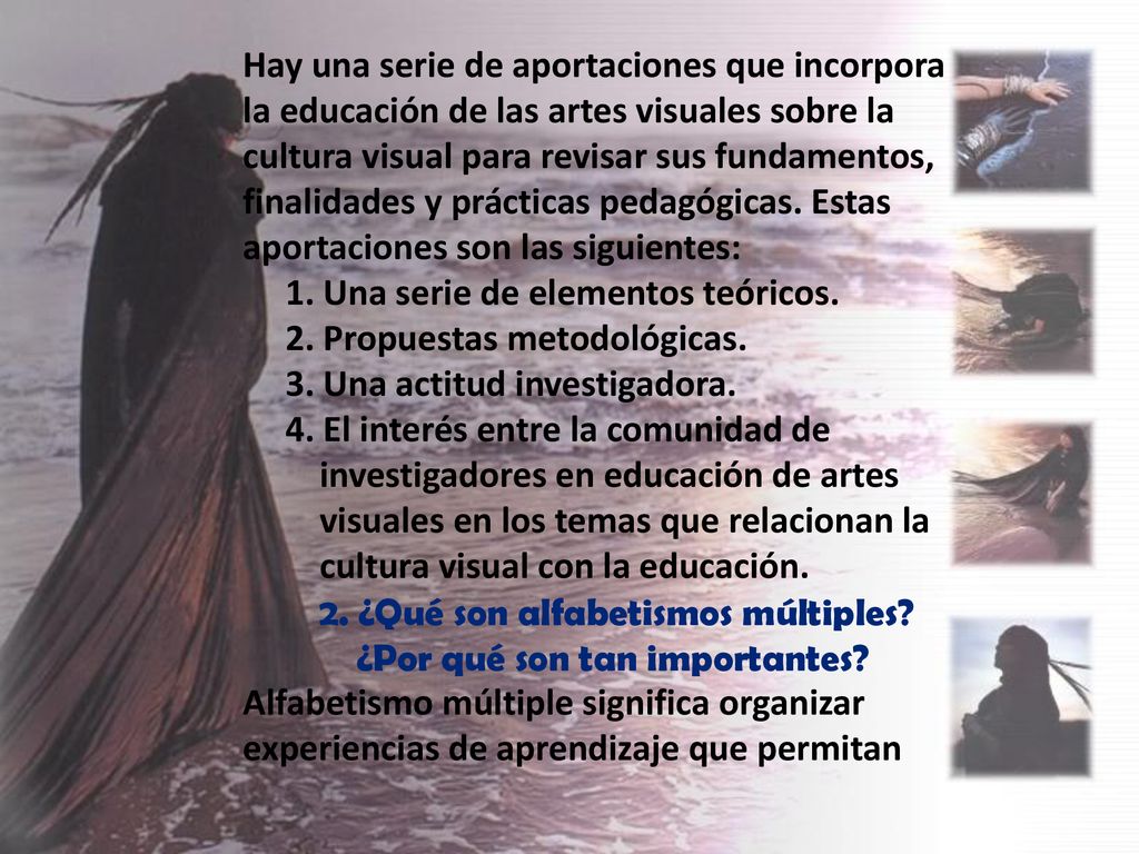 Hay una serie de aportaciones que incorpora la educación de las artes visuales sobre la cultura visual para revisar sus fundamentos, finalidades y prácticas pedagógicas. Estas aportaciones son las siguientes: