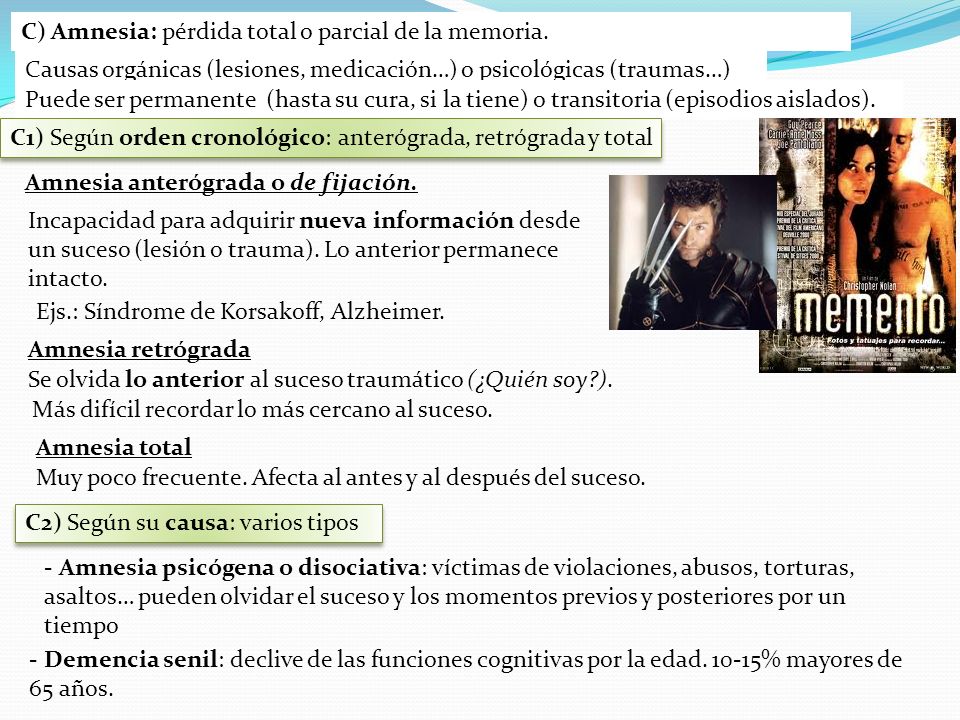 C) Amnesia: pérdida total o parcial de la memoria.