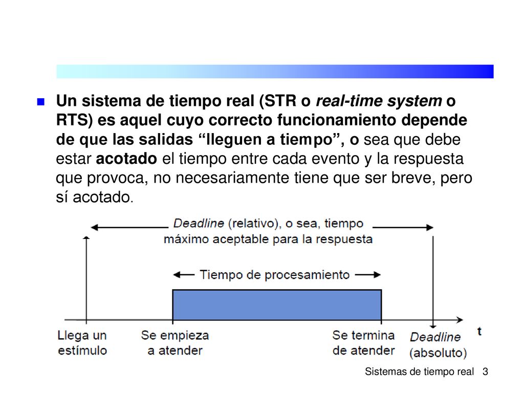 Un sistema de tiempo real (STR o real-time system o RTS) es aquel cuyo correcto funcionamiento depende de que las salidas lleguen a tiempo , o sea que debe estar acotado el tiempo entre cada evento y la respuesta que provoca, no necesariamente tiene que ser breve, pero sí acotado.