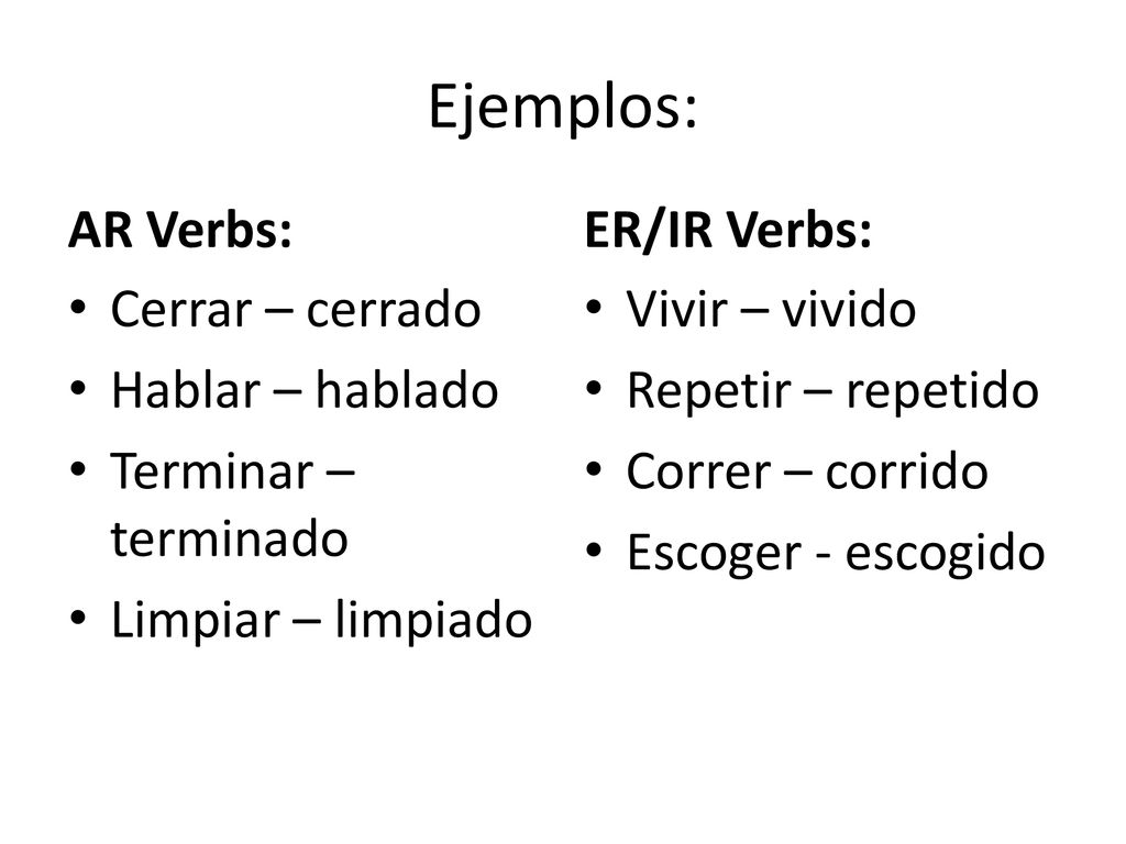 Ejemplos: AR Verbs: ER/IR Verbs: Cerrar – cerrado Hablar – hablado