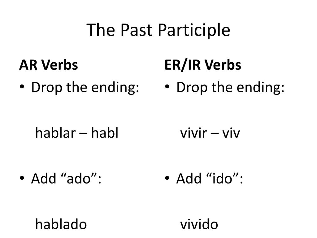 The Past Participle AR Verbs ER/IR Verbs Drop the ending: