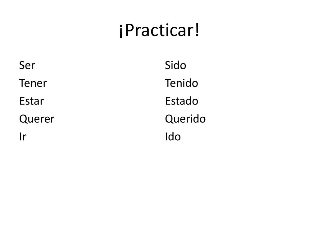 ¡Practicar! Ser Tener Estar Querer Ir Sido Tenido Estado Querido Ido
