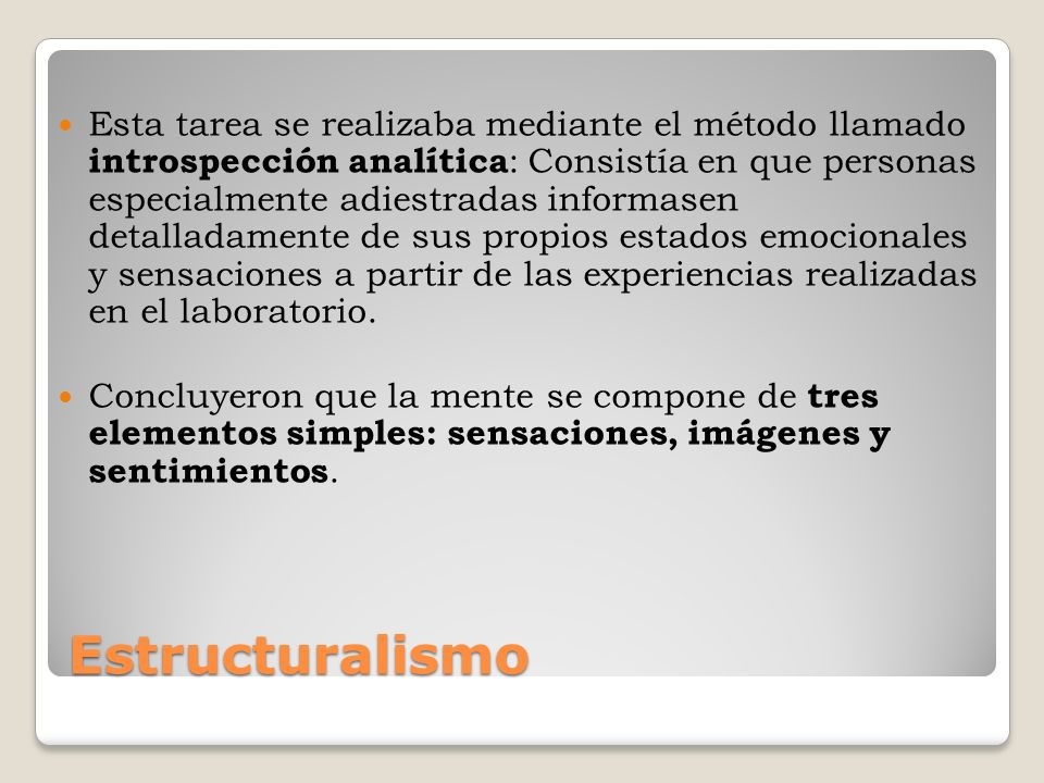 Esta tarea se realizaba mediante el método llamado introspección analítica: Consistía en que personas especialmente adiestradas informasen detalladamente de sus propios estados emocionales y sensaciones a partir de las experiencias realizadas en el laboratorio.