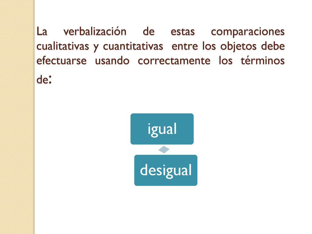 La verbalización de estas comparaciones cualitativas y cuantitativas entre los objetos debe efectuarse usando correctamente los términos de: