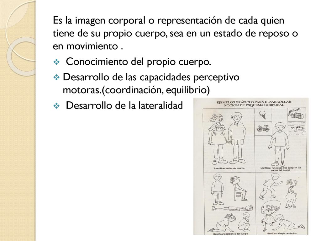 Es la imagen corporal o representación de cada quien tiene de su propio cuerpo, sea en un estado de reposo o en movimiento .