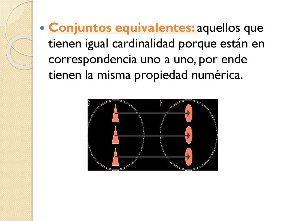 Conjuntos equivalentes: aquellos que tienen igual cardinalidad porque están en correspondencia uno a uno, por ende tienen la misma propiedad numérica.
