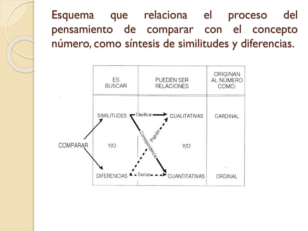 Esquema que relaciona el proceso del pensamiento de comparar con el concepto número, como síntesis de similitudes y diferencias.