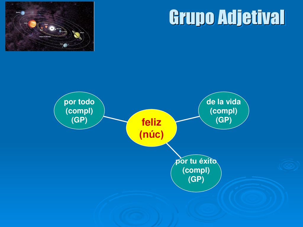 Grupo Adjetival feliz (núc) por todo (compl) (GP) por tu éxito