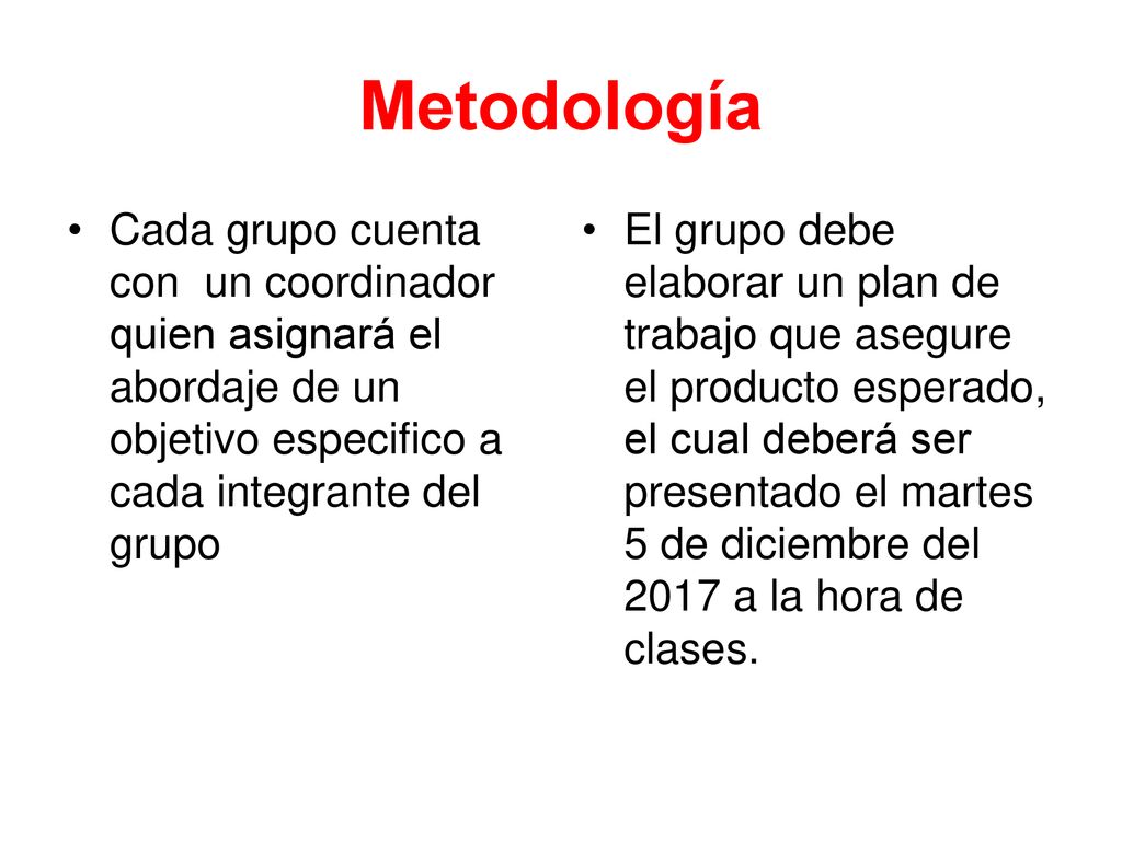 Metodología Cada grupo cuenta con un coordinador quien asignará el abordaje de un objetivo especifico a cada integrante del grupo.